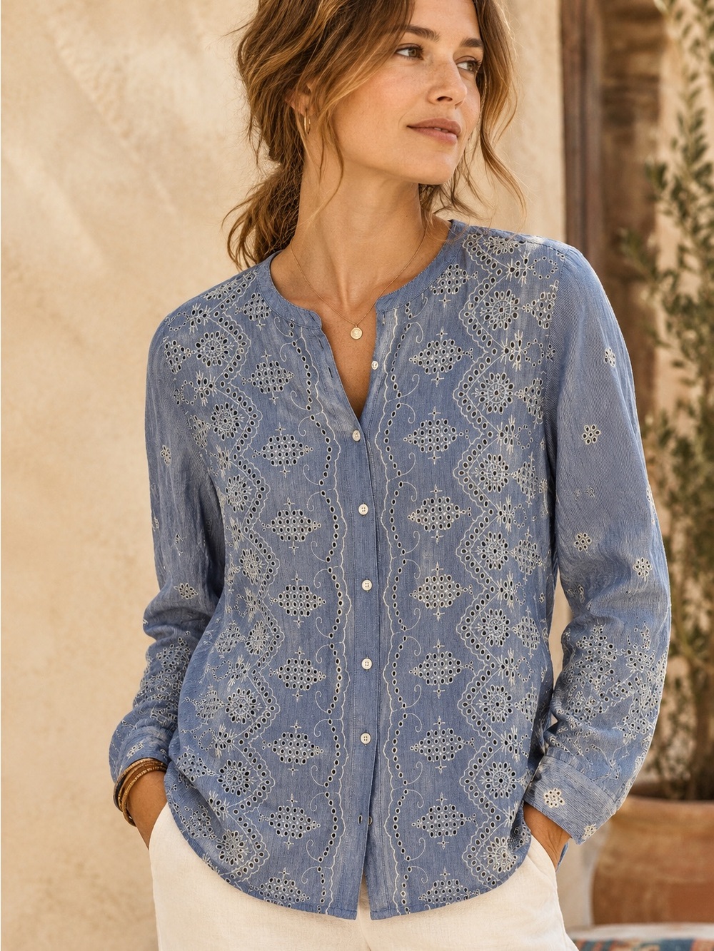 Sundance Dusty Blue Eyelet Button-Down Shirt
